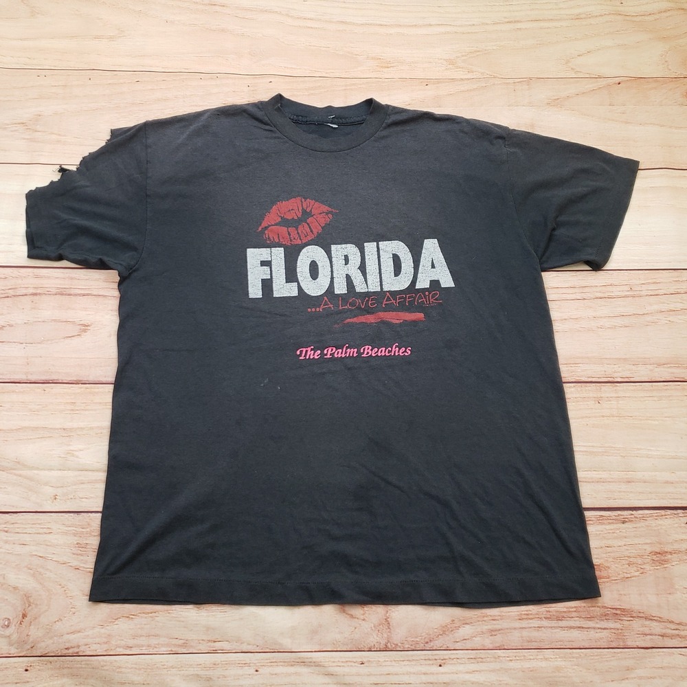 VINTAGE Florida A Love Affair The Palm Beaches Shirt Mens L Black Distressed 80s